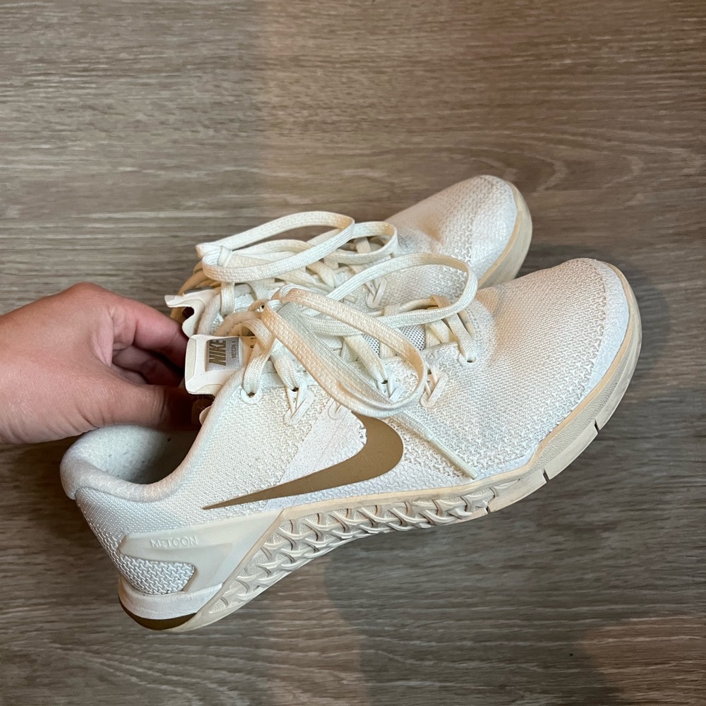 Nike White and Gold Metcons Size 6